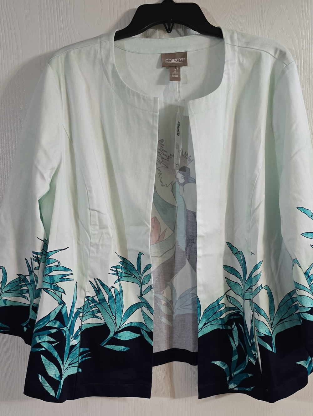 Chico's Mint Green Jacket with Teal & Black Botanical Hem
